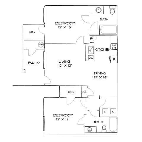 Charming floor plan showcasing 2 bedrooms, an inviting living area, a functional kitchen, two baths, and a cozy patio.