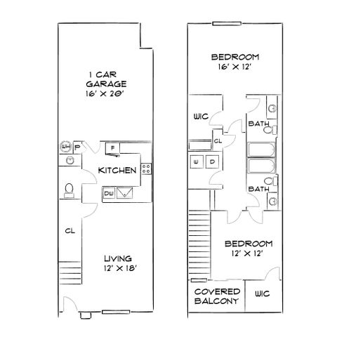 Modern two-story floor plan featuring an open kitchen, spacious living area, two bedrooms with walk-in closets, and a covered balcony.