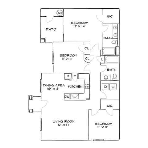 Chic 2D floor plan showcasing 3 bedrooms, a modern kitchen with dining area, spacious living room, and inviting patio.