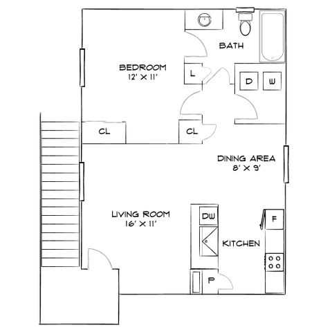 Charming floor plan featuring one bedroom, cozy living room, elegant dining area, modern kitchen, and a well-equipped bath.