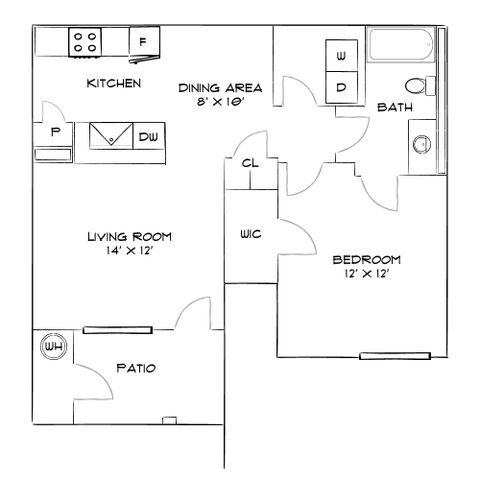 Contemporary floor plan with 1 bedroom, spacious living room, modern kitchen, and private patio.