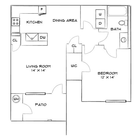 Charming floor plan showcasing 1 bedroom, open-concept kitchen and dining area, inviting living room, and a cozy patio space.