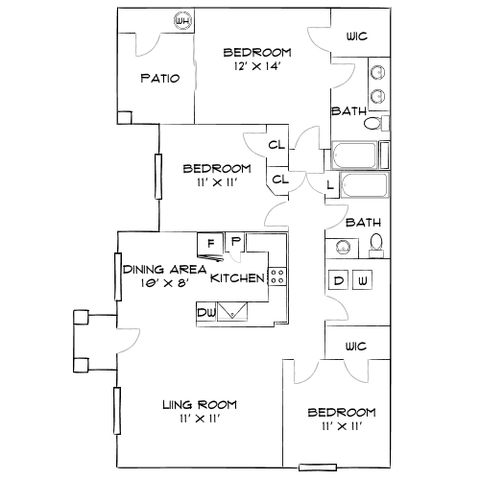 Modern floor plan showcasing 3 bedrooms, open dining and kitchen area, comfortable living room, and two bathrooms with convenient patio access.