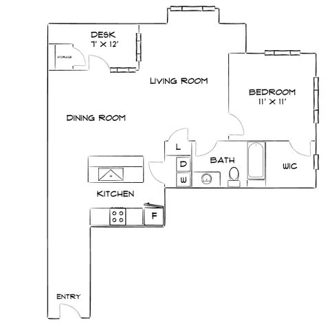 Charming open-concept floor plan featuring a cozy living room, dining area, and modern kitchen. Includes one bedroom with walk-in closet, spacious desk area, and a luxurious bath.