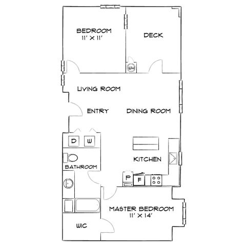 Inviting floor plan highlighting two bedrooms, including a master suite with walk-in closet, a modern kitchen, and an elegant living-dining area opening to a deck.