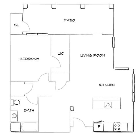 Chic single-bedroom floor plan featuring a modern kitchen, spacious living room, and inviting patio.
