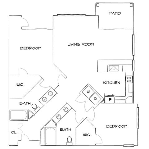 Spacious floor plan with 2 bedrooms, open living room, modern kitchen, and a private patio.