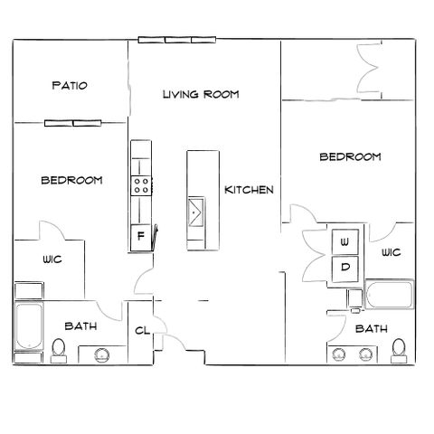 Modern floor plan featuring 2 bedrooms, open kitchen and living room, with dual walk-in closets and baths, complete with a patio.