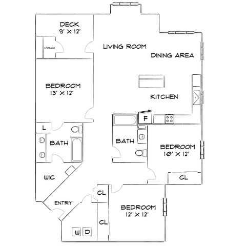 Elegant floor plan showcasing 3 bedrooms, a large living room with a deck, plus modern kitchen and dining area.