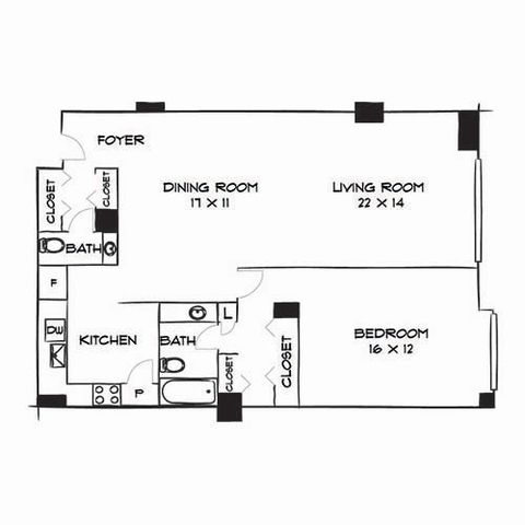 Elegant floor plan showcasing a spacious one-bedroom layout with a generous living room, dining area, and modern kitchen. Features include a full bathroom and ample closet space, ideal for comfortable city living.