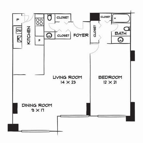 Elegant floor plan displaying spacious one-bedroom layout with open living and dining area, efficient kitchen, and modern bath.