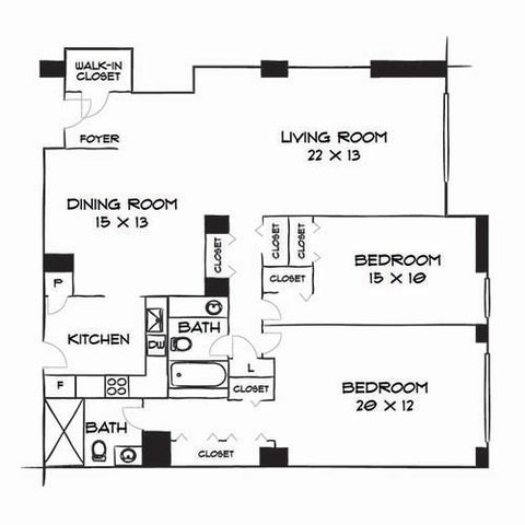 Elegant floor plan showcasing a spacious living room, dedicated dining area, and a modern kitchen with two comfortable bedrooms, plus two bathrooms. Includes a walk-in closet for ample storage.