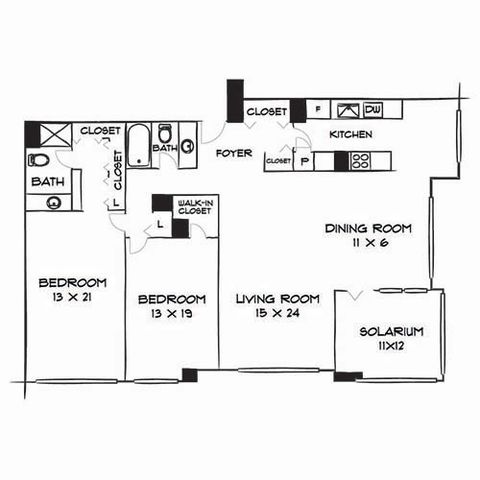 Elegant floor plan featuring 2 spacious bedrooms, a stylish kitchen, and a cozy solarium in an open-concept layout.