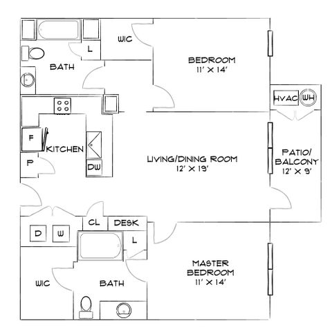 Charming floor plan with 2 bedrooms, a spacious living/dining area, and a cozy patio/balcony, perfect for modern living.