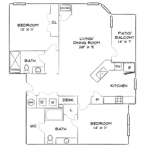 Modern 2D floor plan showcasing two bedrooms, a spacious living and dining area, a stylish kitchen, two baths, and a cozy patio balcony.