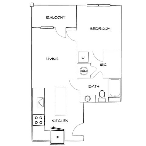 Modern 1-bedroom apartment floor plan featuring a spacious living area, kitchen, bath, walk-in closet, and a private balcony.