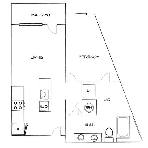 Modern floor plan featuring 1 bedroom, open-concept living area, kitchen with island, and balcony access.