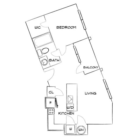 Chic floor plan showcasing a spacious one-bedroom layout with walk-in closet, modern kitchen, living area, private balcony, and full bath.