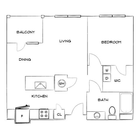 Charming floor plan featuring 1 bedroom, modern kitchen with a breakfast bar, spacious living area, dining space, and a balcony perfect for relaxation.
