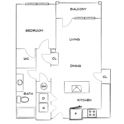 Modern floor plan with 1 bedroom, spacious living and dining area, kitchen, bathroom, and balcony.