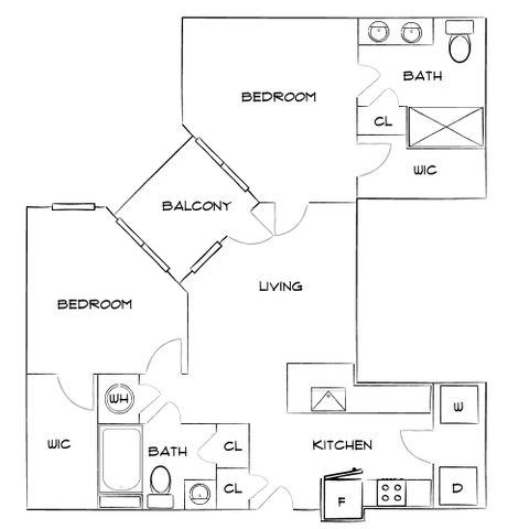 Contemporary floor plan featuring 2 bedrooms, 2 bathrooms, an inviting living room, modern kitchen, and a private balcony.