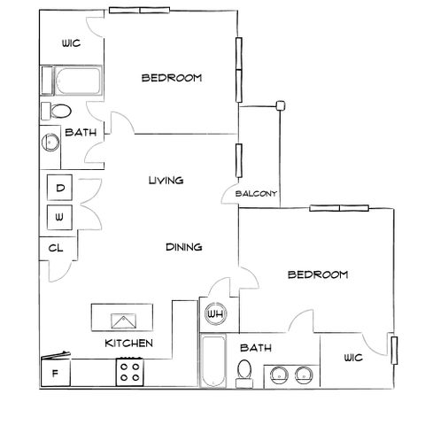 Modern floor plan showcasing a spacious layout with two bedrooms, open-concept living and dining areas, a stylish kitchen, two bathrooms, and a cozy balcony. Features include walk-in closets and convenient in-unit laundry.
