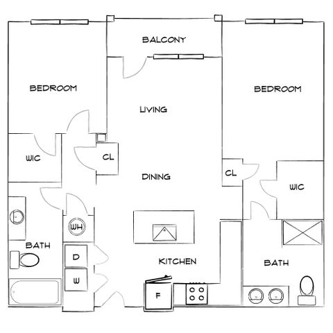 Elegant floor plan showcasing 2 bedrooms with walk-in closets, spacious living and dining area, modern kitchen, and dual bathrooms, complete with a balcony.