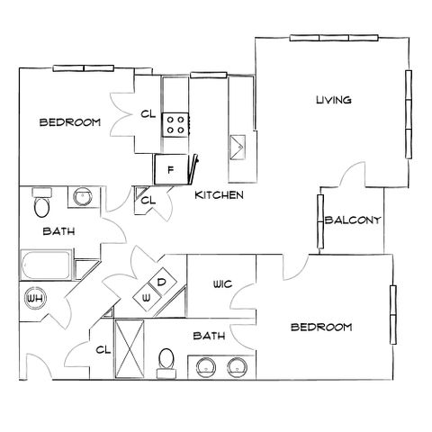 Elegant floor plan showcasing 2 bedrooms, spacious living room with balcony, modern kitchen, and 2 well-appointed bathrooms.
