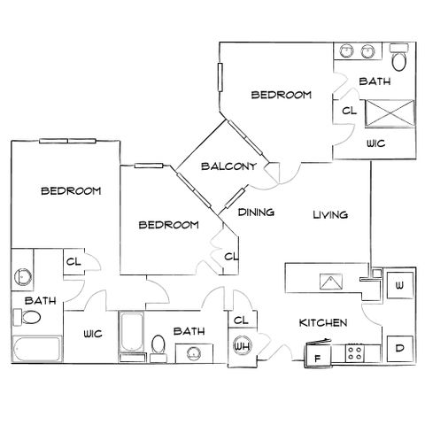 Elegant floor plan detailing 3 spacious bedrooms, 3 modern baths, an open kitchen, dining area, and living space with balcony access.