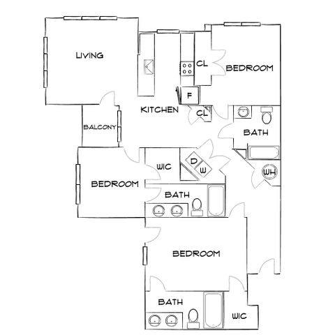 Spacious floor plan with 3 bedrooms, contemporary living room, modern kitchen, 2 baths, and a cozy balcony.