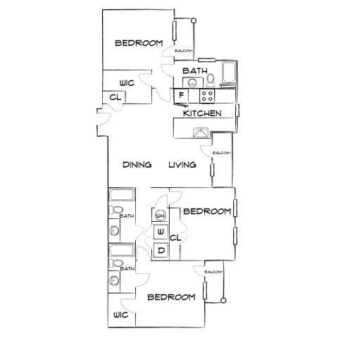 Elegant floor plan showcasing 3 bedrooms with walk-in closets, modern kitchen, open living and dining area, and multiple balconies.