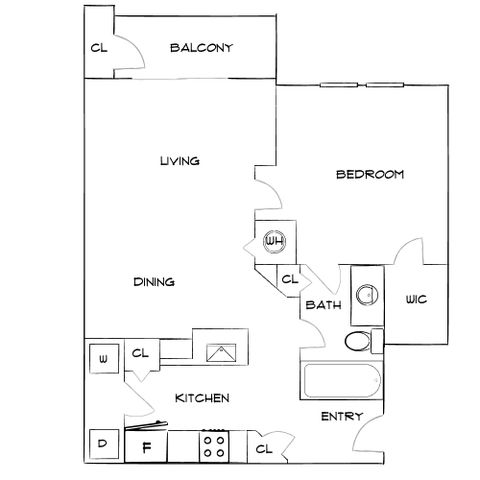 Modern open-concept floor plan with one bedroom, balcony access, and spacious living and dining areas.