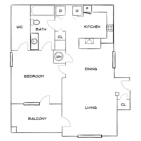 Elegant floor plan showcasing a spacious one-bedroom apartment with a balcony, open living and dining area, modern kitchen, and a well-appointed bathroom.