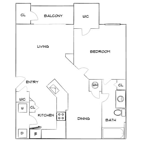 Elegant floor plan featuring one spacious bedroom, modern kitchen, inviting living area with balcony, and a stylish bathroom.