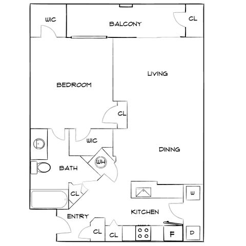 Modern floor plan showcasing a spacious 1-bedroom layout with a large living and dining area, balcony access, and a well-equipped kitchen.