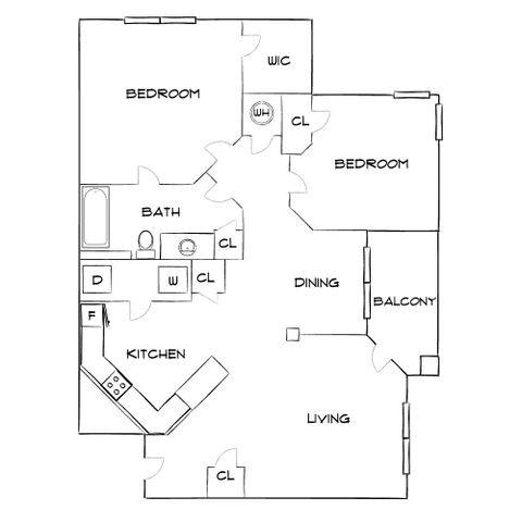 Modern floor plan featuring 2 bedrooms, elegant living and dining areas, and a well-equipped kitchen with a cozy balcony.
