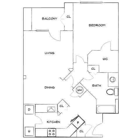 Modern apartment floor plan with 1 bedroom, spacious living and dining area, balcony, and well-equipped kitchen.