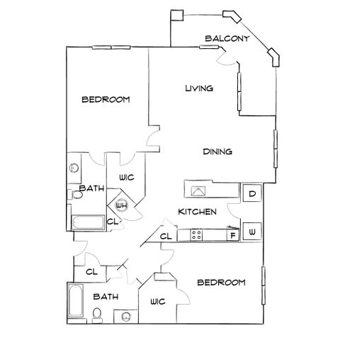 Inviting apartment floor plan with two bedrooms, elegant living and dining area, and modern kitchen. Includes two bathrooms, spacious walk-in closets, and a charming balcony.