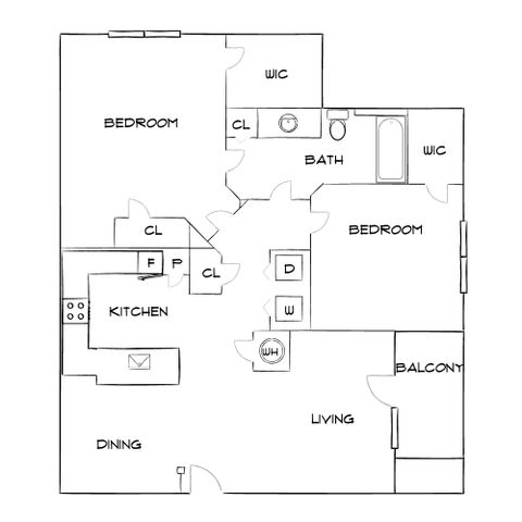Spacious floor plan featuring 2 bedrooms, open living and dining area, kitchen, bath, and balcony with dual walk-in closets.