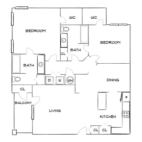Elegant floor plan showcasing 2 bedrooms, 2 bathrooms, a modern kitchen, and open living-dining area with balcony access.