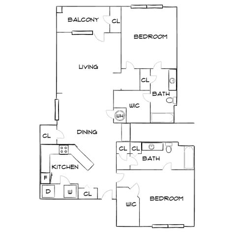 Modern and spacious 2-bedroom floor plan featuring two bathrooms, an open living area with balcony access, and a sleek kitchen with dining space.