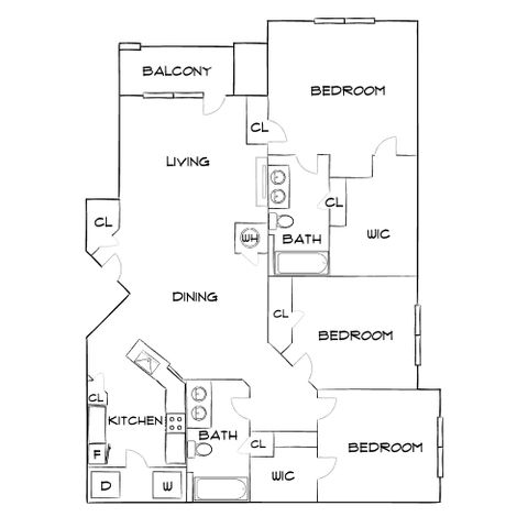 Inviting 3-bedroom floor plan featuring an open living and dining area, modern kitchen, and private balcony.