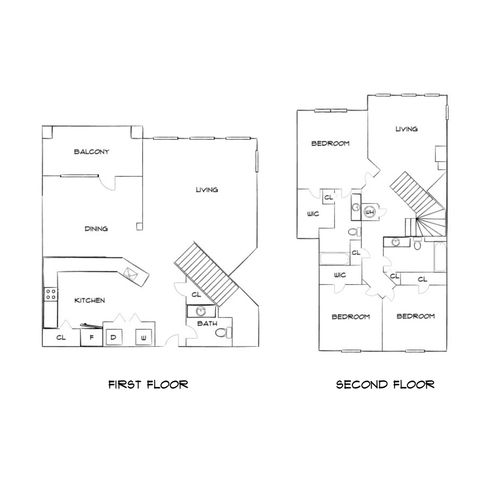 Elegant two-story floor plan featuring spacious living areas, a modern kitchen with appliances, three bedrooms, and a balcony for outdoor relaxation.
