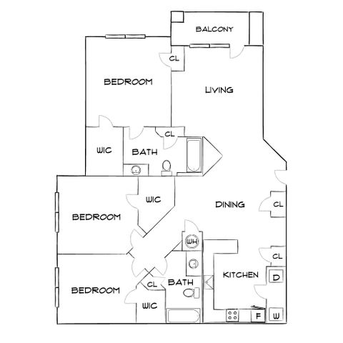 Modern floor plan showcasing 3 bedrooms, spacious living area with balcony, open kitchen, and 2 bathrooms for comfortable living.
