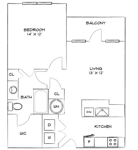 Modern 1-bedroom apartment floor plan with a private balcony, integrated living and kitchen area, and spacious bathroom.