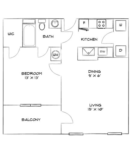Modern 1 bedroom apartment floor plan with walk-in closet, spacious kitchen, and inviting balcony.