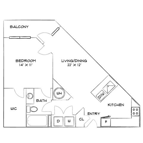 Sophisticated floor plan featuring a spacious living and dining area, cozy bedroom, modern kitchen, and private balcony.