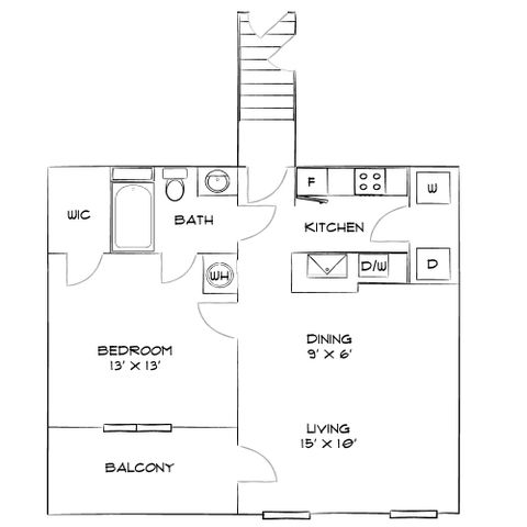 Modern floor plan showcasing 1 bedroom with attached walk-in closet, open kitchen, dining area, spacious living room, and a balcony.