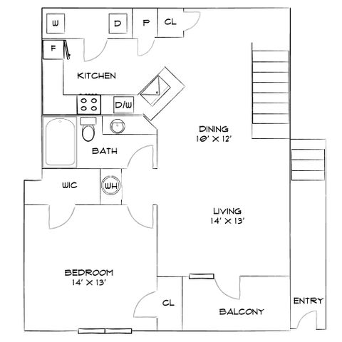 Charming floor plan showcasing 1 bedroom, spacious living and dining areas, a modern kitchen, and a relaxing balcony.