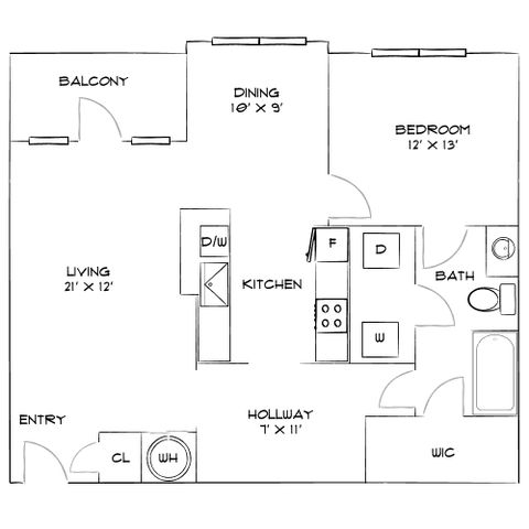 Elegant floor plan showcasing a spacious 1-bedroom apartment with an open living-dining area, modern kitchen, and a private balcony.
